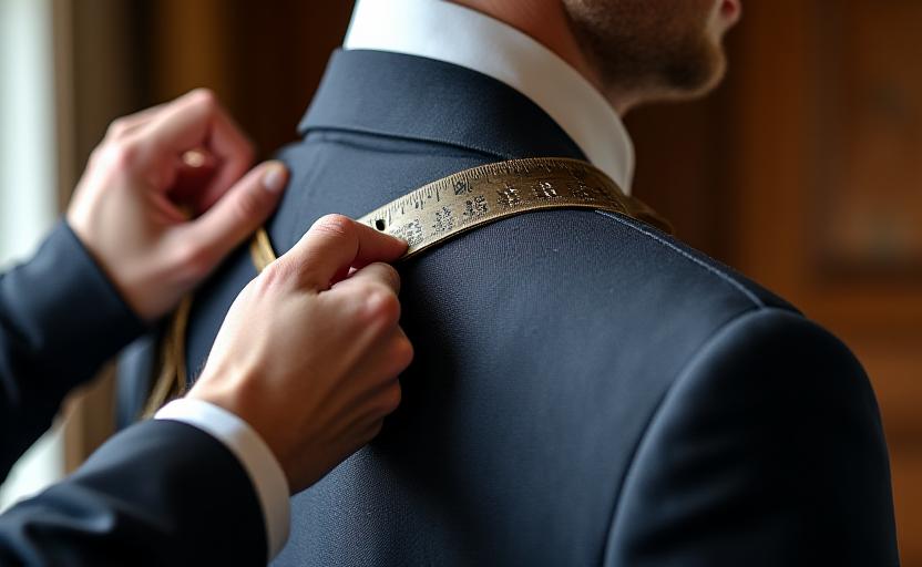 Master tailor using a copper measuring tape on a client