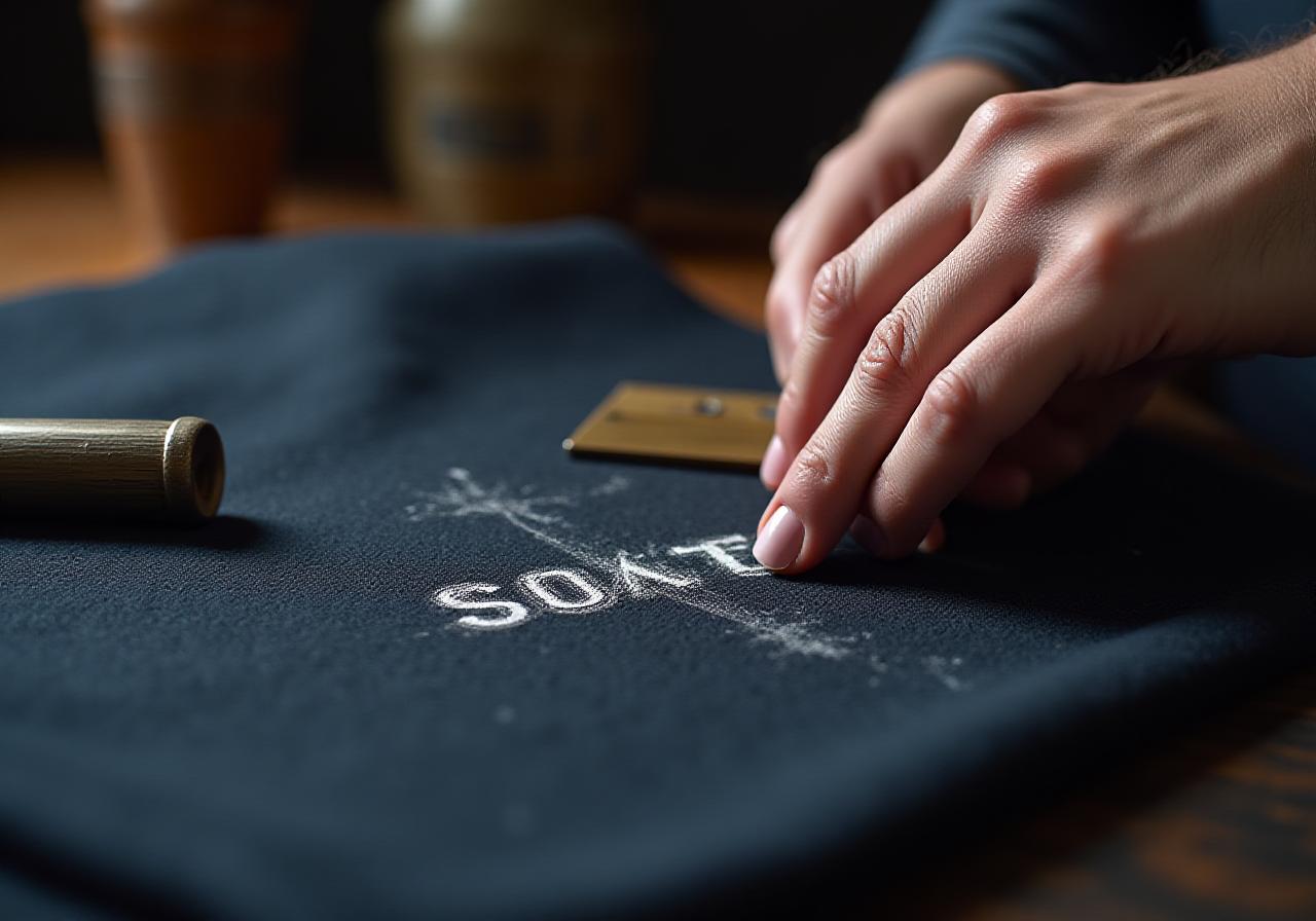 Close up of artisanal tailor measuring fabric with brass tools